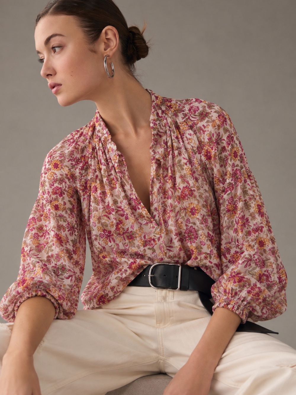 Z Supply Boho Chic Floral V-Neck Peasant Blouse - Pink Floral Sz Small